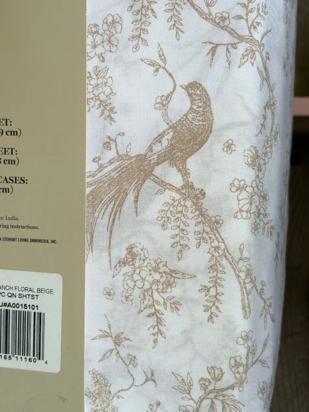 Martha Stewart BIRD BRANCH BEIGE 100% Cotton Percale Sheet Set | Queen Size